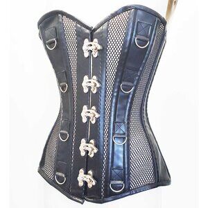 Top Drawer Womens Vegan Faux Leather & Fishnet Steel Boned Corset Black Silver S